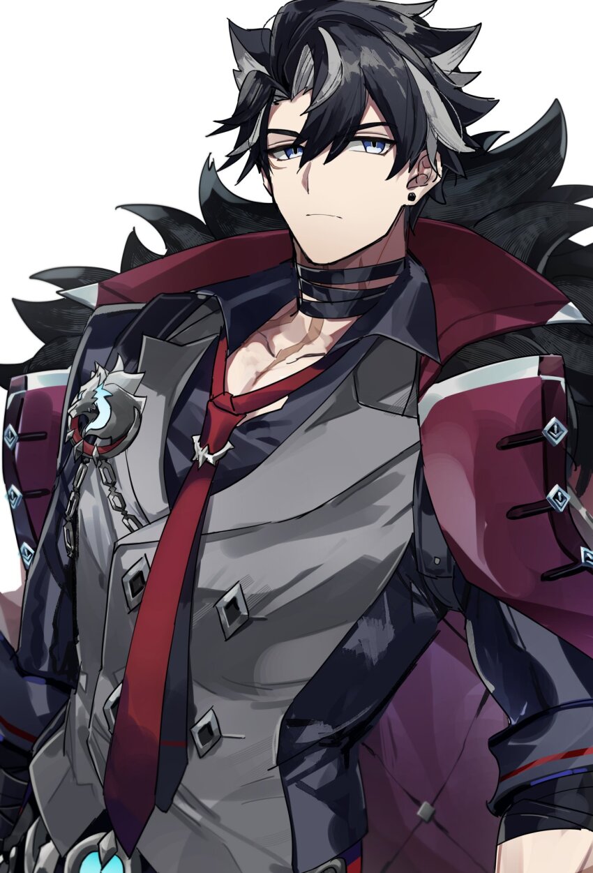 1boy, bandaged_arm, bandaged_neck, bandages, black_coat, black_hair, black_shirt, blue_eyes