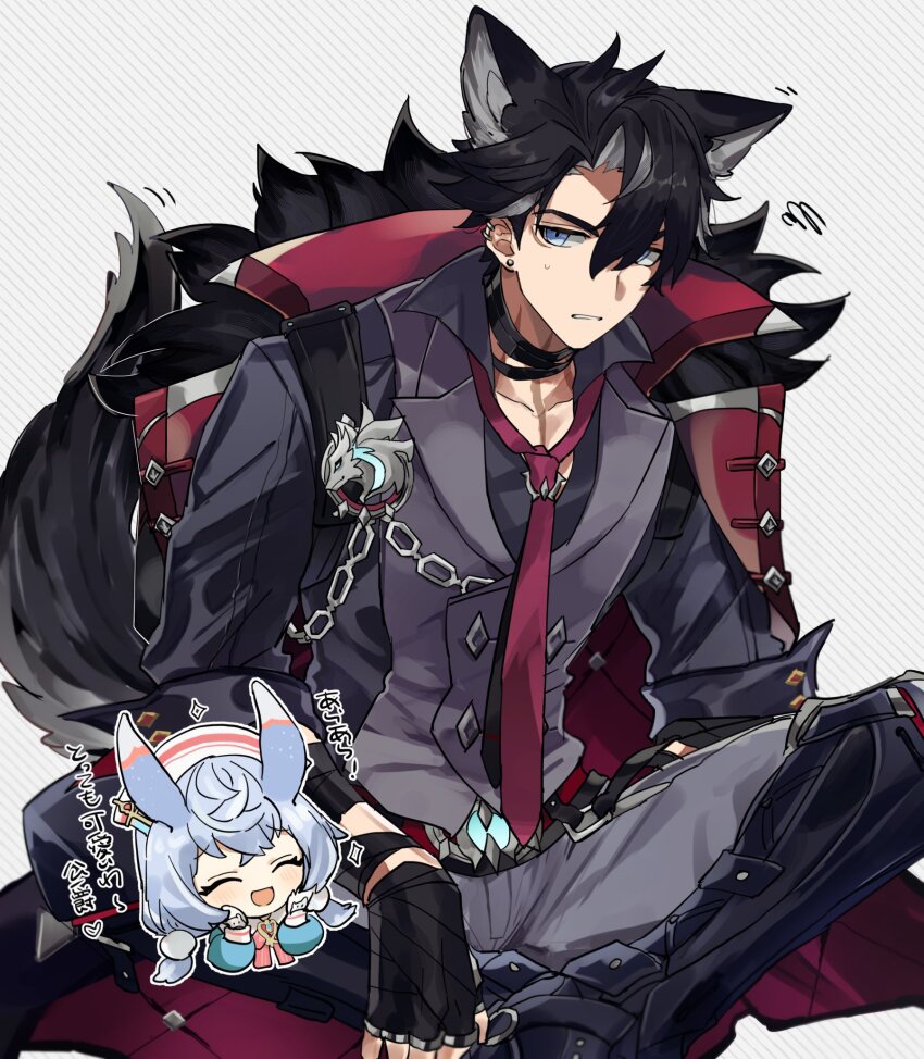 1boy, 1girl, :d, ^_^, animal_ear_fluff, animal_ears, aqua_shirt, bandaged_arm