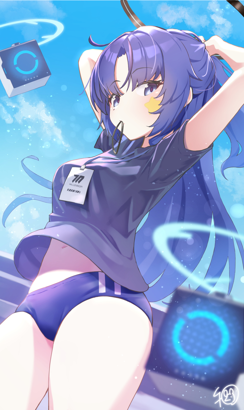 1girl, absurdres, blue_archive, blue_buruma, blue_eyes, blue_shirt, breasts, buruma