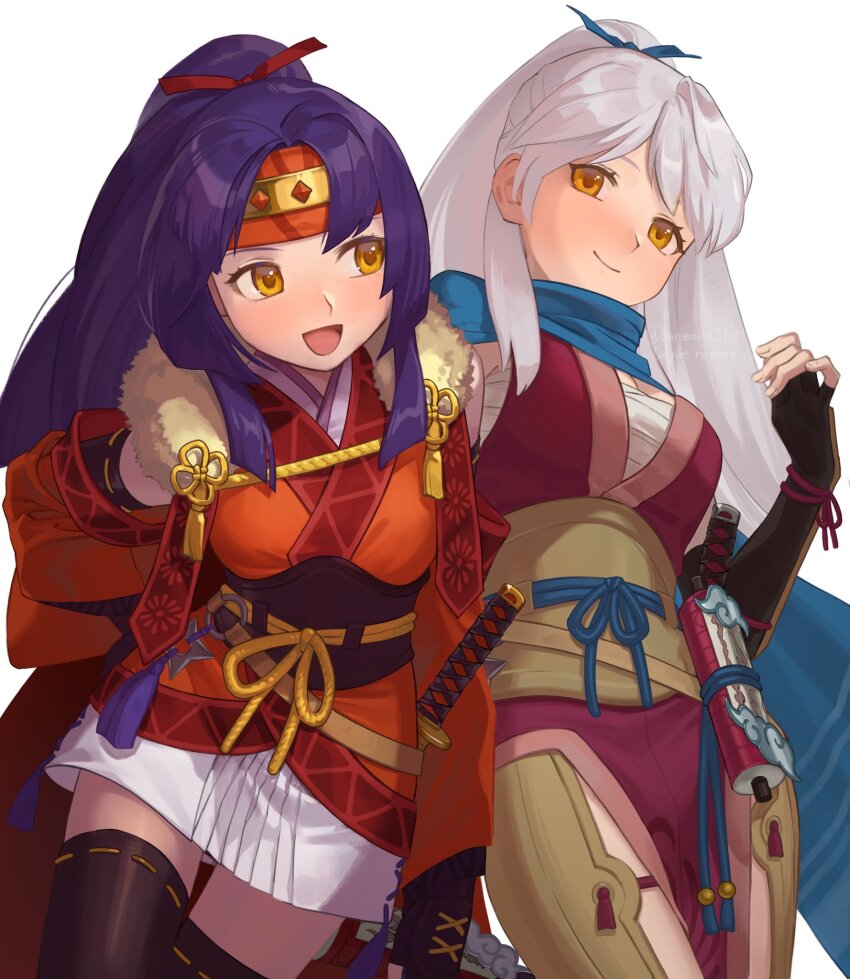 2girls, :d, asagi_(banzoku210), blue_scarf, closed_mouth, fire_emblem, fire_emblem:_radiant_dawn, fire_emblem_heroes
