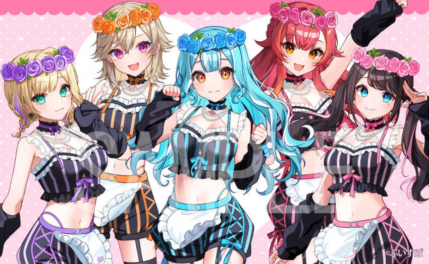 5girls, :3, apron, armpits, belt, black_bustier, black_hair, blonde_hair