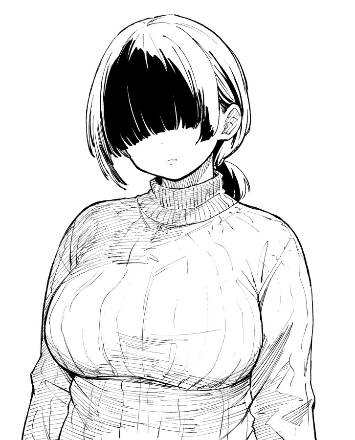 1girl, arched_bangs, blunt_bangs, blush, breasts, covered_eyes, greyscale, hair_over_eyes, inoue_tosazu, jimiko, large_breasts, monochrome, original, ribbed_sweater, solo, sweater, turtleneck, turtleneck_sweater, upper_body, white_background