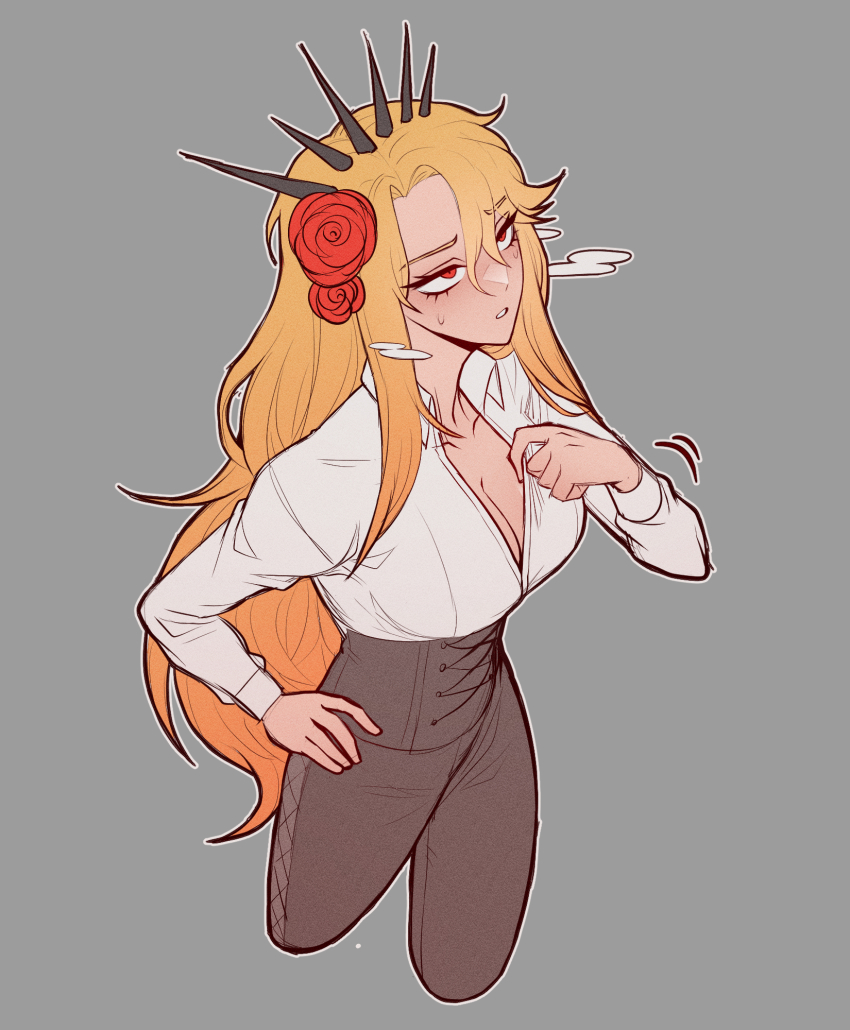 1girl, adjusting_clothes, blush, breasts, cleavage, collared_shirt, cropped_legs, don_quixote_(project_moon)