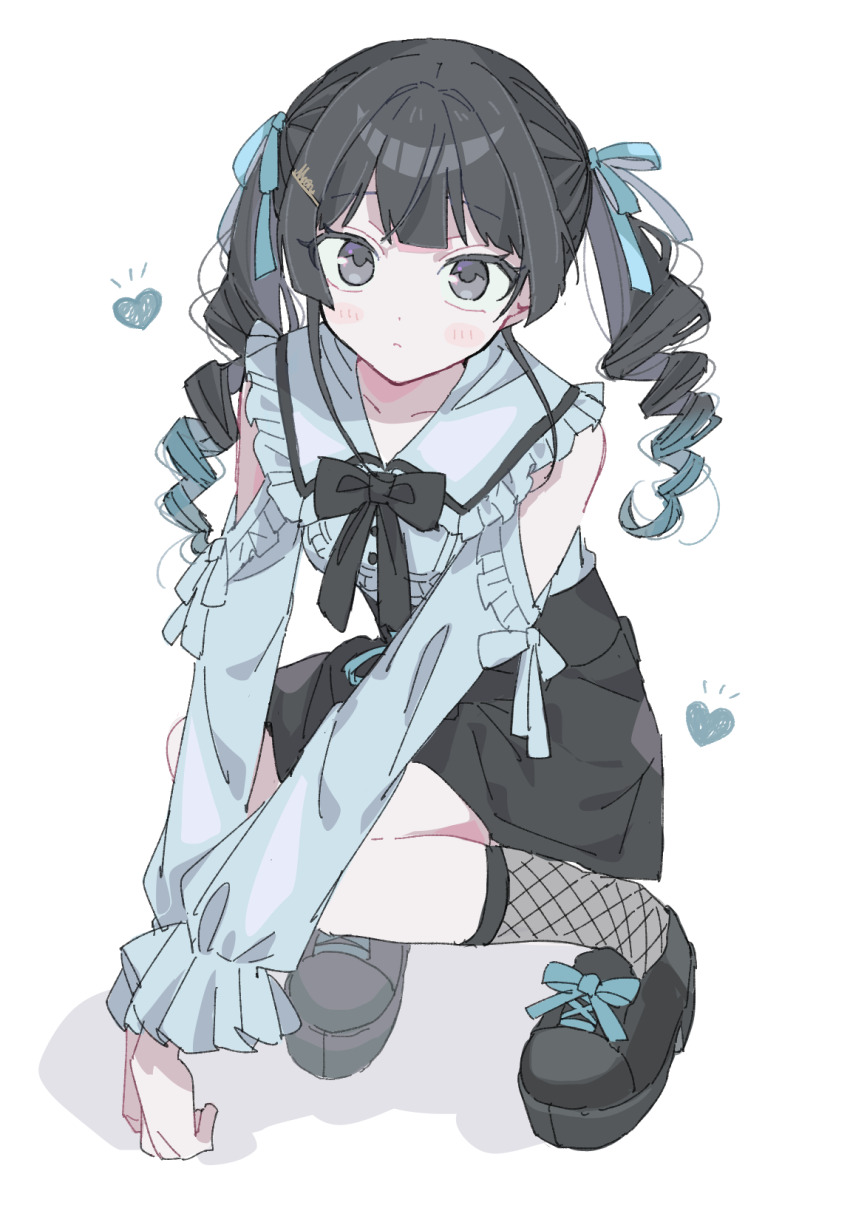 1girl, black_eyes, black_ribbon, blue_ribbon, bow, bowtie, clothing_cutout, collarbone