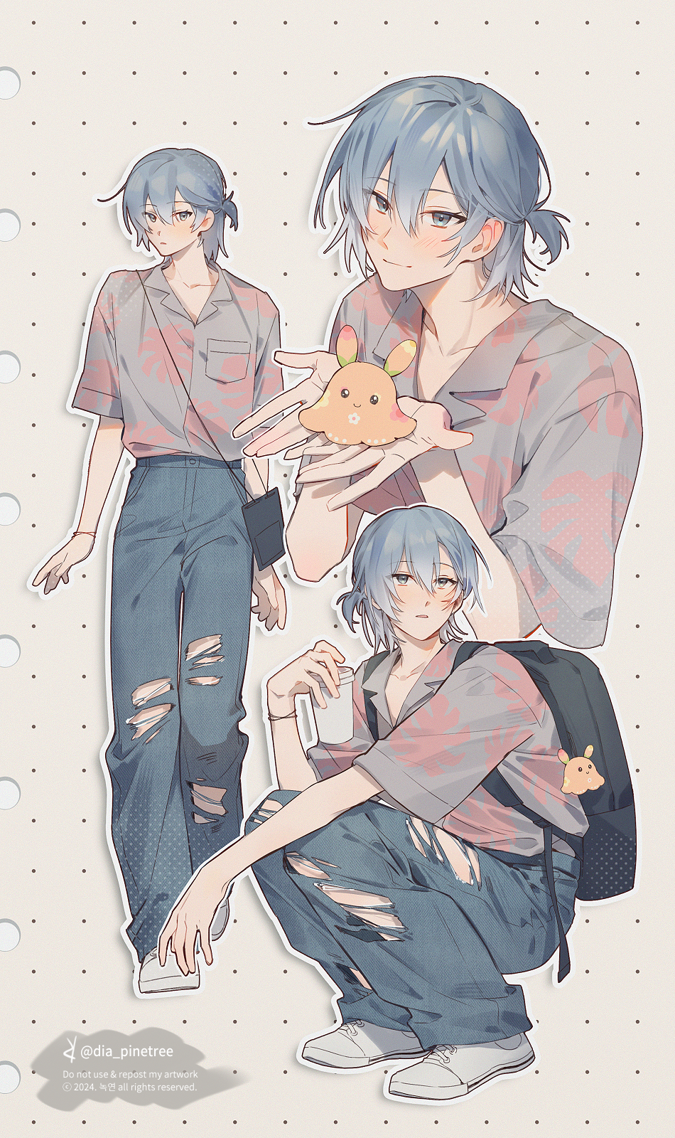 18trip, 1boy, artist_name, backpack, bag, black_bag, blue_pants, breast_pocket