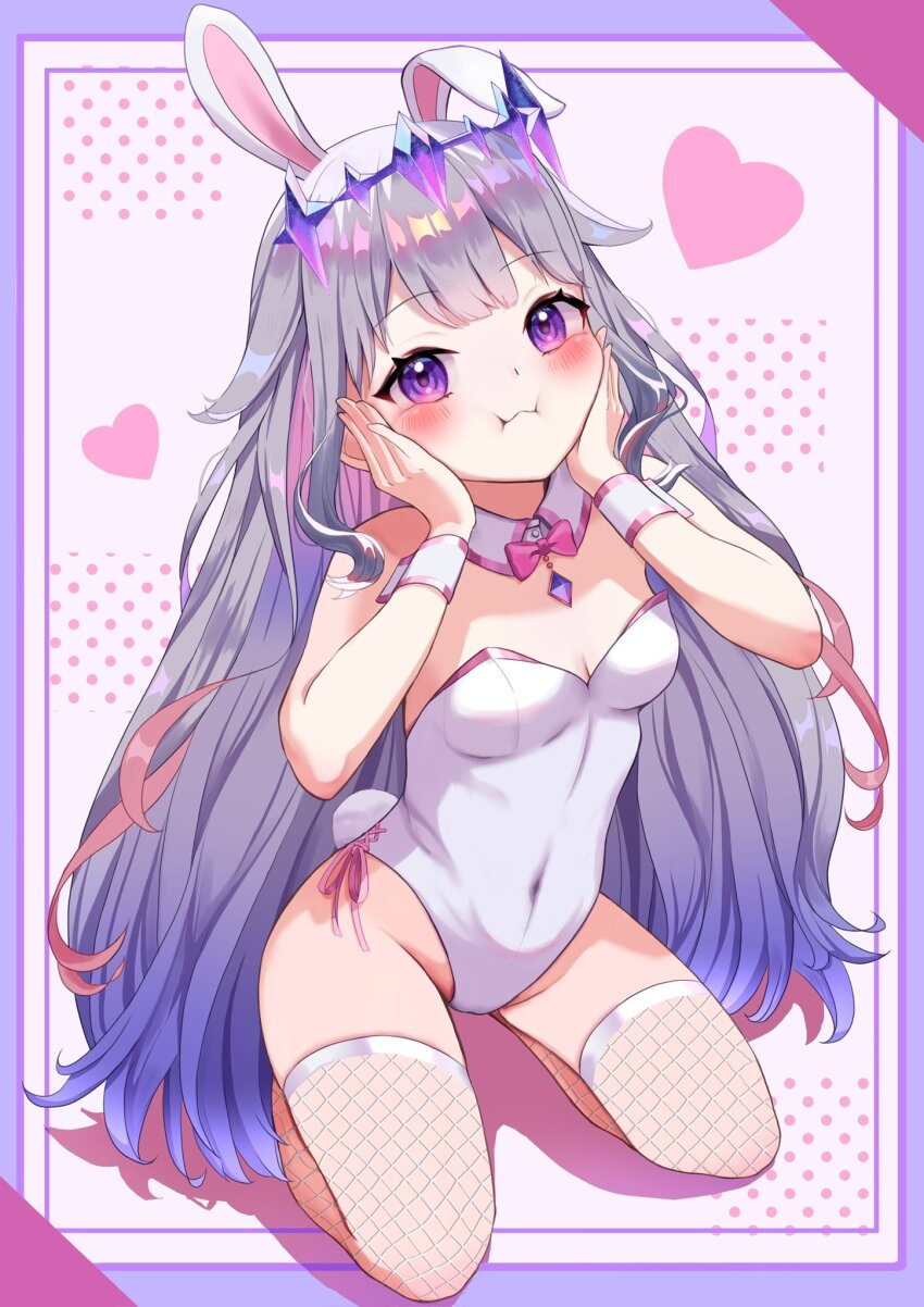 1girl, animal_ears, blush, bow, bowtie, breasts, circlet, colored_inner_hair, covered_navel, detached_collar, fake_animal_ears, fake_tail, fishnet_pantyhose, fishnets, gem, grey_hair, highleg, highleg_leotard, highres, hololive, hololive_english, koseki_bijou, leotard, loli, long_hair, looking_at_viewer, mimo_(mimo_illust), multicolored_hair, pantyhose, pink_hair, playboy_bunny, purple_eyes, purple_hair, rabbit_ears, rabbit_tail, solo, strapless, strapless_leotard, tail, traditional_bowtie, very_long_hair, virtual_youtuber, white_leotard, wrist_cuffs
