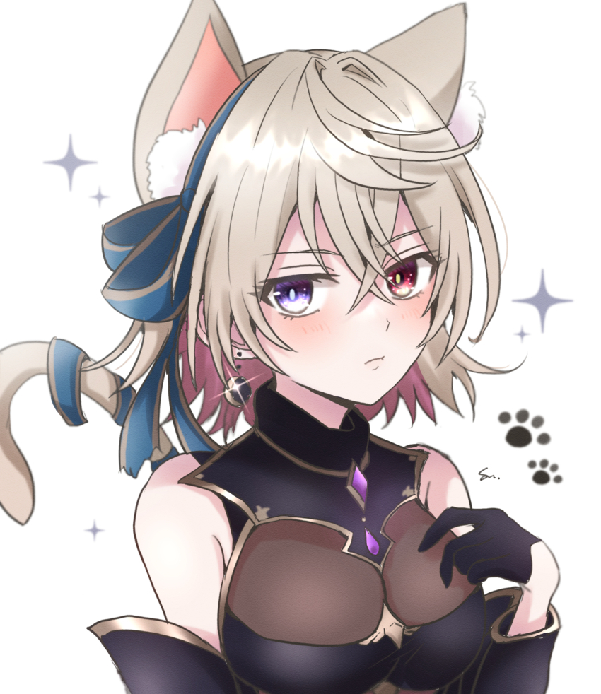 1girl, animal_ears, animal_hands, black_gloves, blue_ribbon, breasts, cat_ears, cat_paws, cat_tail, earrings, eleanor_(shironeko_project), gloves, grey_hair, heterochromia, highres, jewelry, ribbon, shironeko_project, short_hair, solo, sparkle_background, suzu_(sn_whneko), tail, white_background