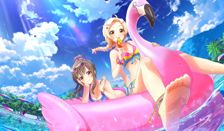 2girls, :p, aisaka_koko, barefoot, beach_chair, beach_umbrella, bikini, blonde_hair