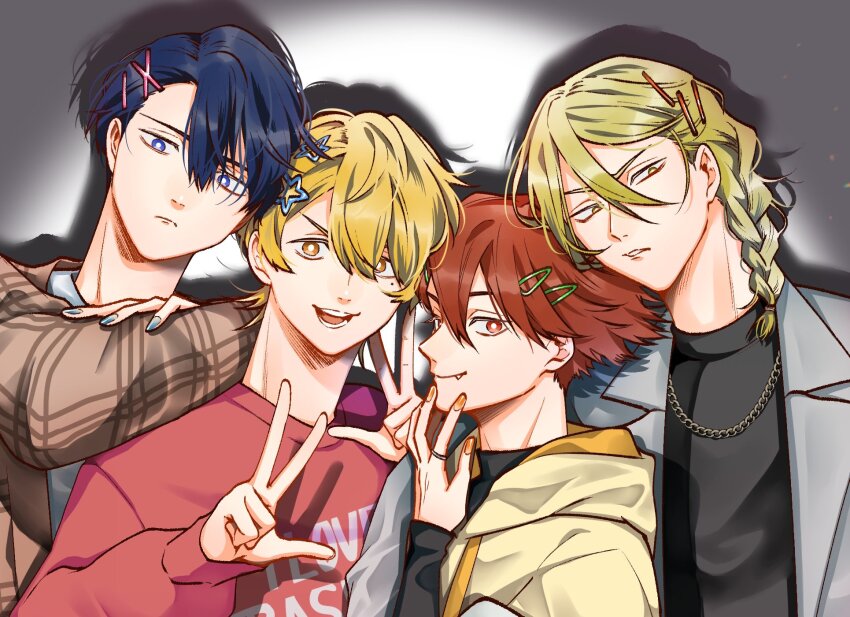 4boys, arm_around_shoulder, arms_up, black_shirt, blonde_hair, blue_eyes, blue_hair, blue_nails