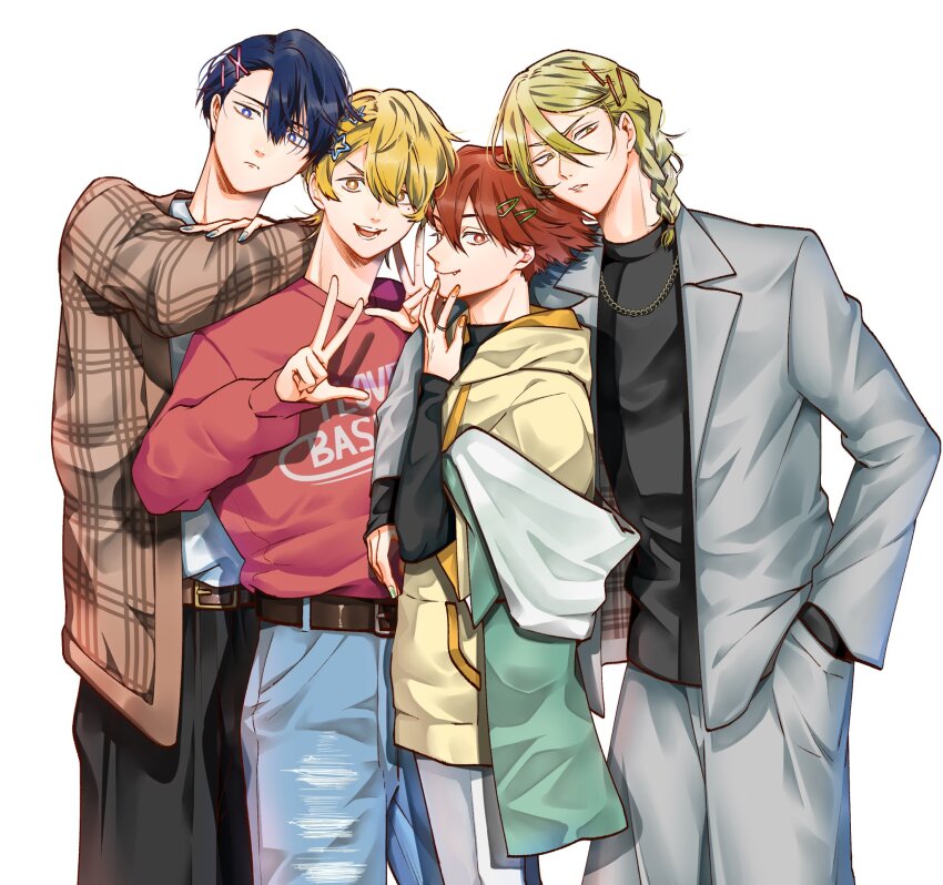 4boys, belt, belt_buckle, black_belt, black_pants, black_shirt, blue_eyes, blue_hair