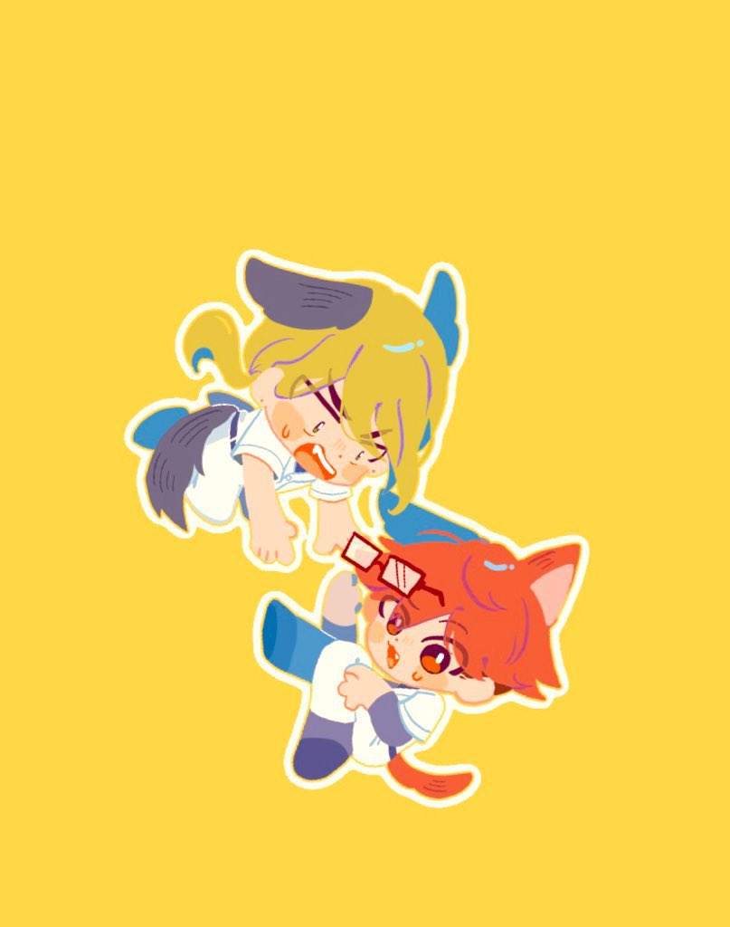 2boys, animal_ears, baseball_uniform, blonde_hair, boukyaku_battery, chibi, chihaya_shunpei, commentary_request