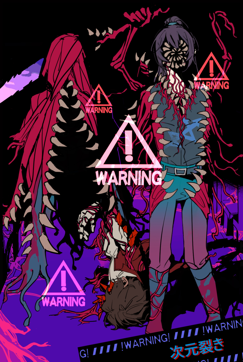 3boys, baihuahua5441, belt, black_background, blood, blood_on_face, boots, brown_hair