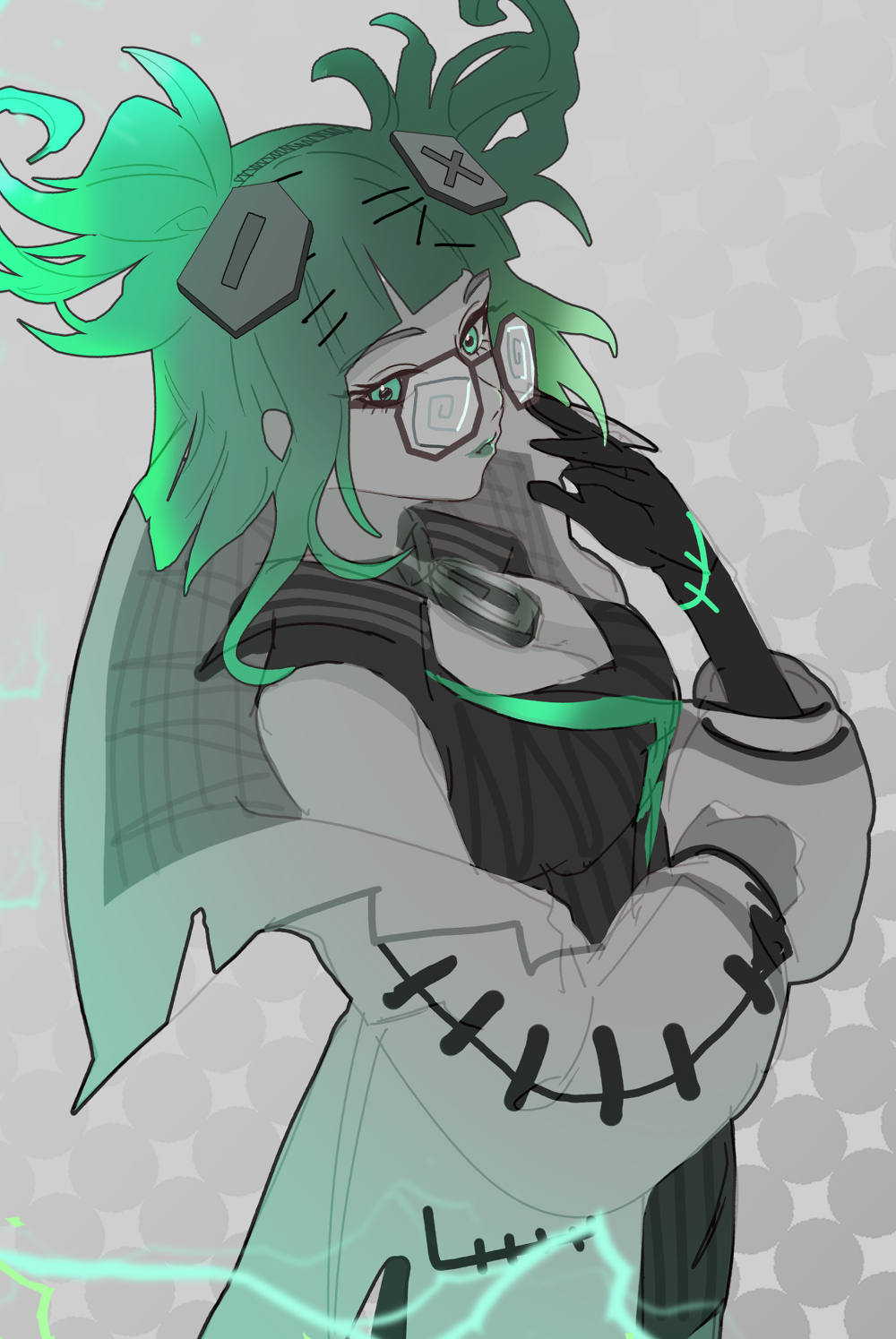 adjusting_eyewear, bare_shoulders, black_gloves, black_shirt, blunt_bangs, bolt_(hardware), breasts, center_opening, coat, coke-bottle_glasses, collared_shirt, colored_skin, electricity, fright_night_zeri, from_side, glasses, gloves, green_eyes, green_hair, grey_skin, hair_ornament, highres, lab_coat, league_of_legends, looking_at_viewer, medium_breasts, messy_hair, n2tat, open_clothes, open_coat, shirt, sidelocks, simple_background, stitches, twintails, zeri_(league_of_legends), zipper_pull_tab