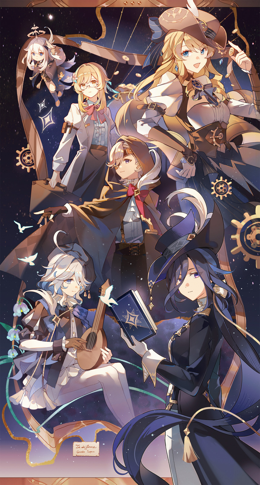 1boy, 5girls, absurdres, black_coat, blonde_hair, blue_eyes, blue_hair, blue_hat