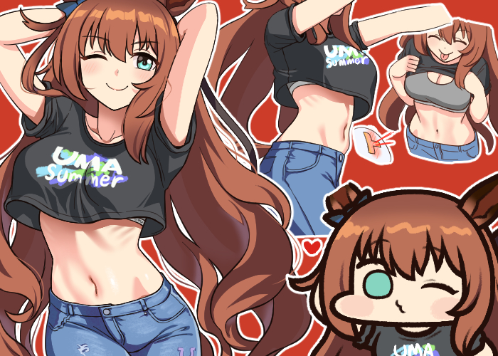 1girl, animal_ears, arms_behind_head, arms_up, black_shirt, blowing_kiss, blue_eyes, breasts