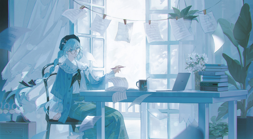 1girl, absurdres, alternate_hairstyle, antique_phone, aqua_cardigan, arm_at_side, backlighting, balcony, beret, bespectacled, black_hat, black_neckerchief, black_ribbon, blue_eyes, blue_hair, blue_theme, book, book_stack, bow, braid, bud, buttons, cardigan, chair, character_print, chromatic_aberration, clenched_hand, clothes_pin, clothesline, coffee_mug, computer, cup, curtains, dappled_sunlight, desk_lamp, doily, drawer, expressionless, eyelashes, feet_out_of_frame, floating_curtains, floating_hair, flower, frilled_shirt_collar, frilled_skirt, frilled_sleeves, frills, glasses, green_skirt, hair_between_eyes, hair_ornament, hair_ribbon, hairclip, hanging_plant, hat, hat_bow, hatsune_miku, highres, holding, holding_pencil, indoors, lamp, laptop, leaf, limited_palette, long_skirt, long_sleeves, looking_afar, mug, musical_staff, muted_color, neckerchief, nightstand, notebook, open_cardigan, open_clothes, outstretched_hand, paper, parted_lips, pencil, plaid_clothes, plaid_skirt, plant, potted_plant, railing, red-framed_eyewear, ribbon, sailor_collar, self_character_print, semi-rimless_eyewear, sf, sheet_music, shirt, shirt_tucked_in, sidelocks, sitting, skirt, solo, spoon, sunlight, surprised, table, tareme, teeth, tie_clip, twin_braids, under-rim_eyewear, upper_teeth_only, vase, vocaloid, white_flower, white_sailor_collar, white_shirt, wide_shot, wide_sleeves, wind, wind_lift