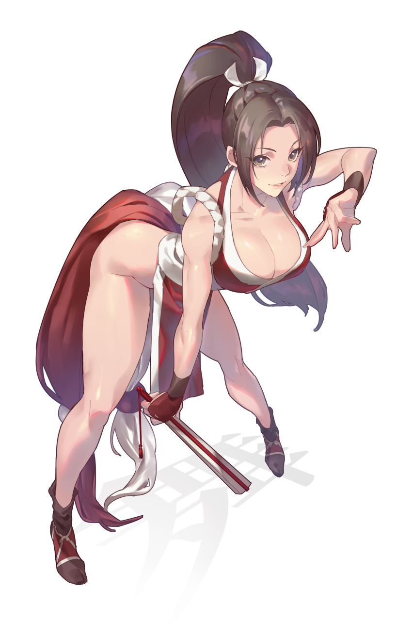 1girl, absurdres, arched_back, bare_shoulders, black_footwear, breasts, bridal_gauntlets, brown_eyes