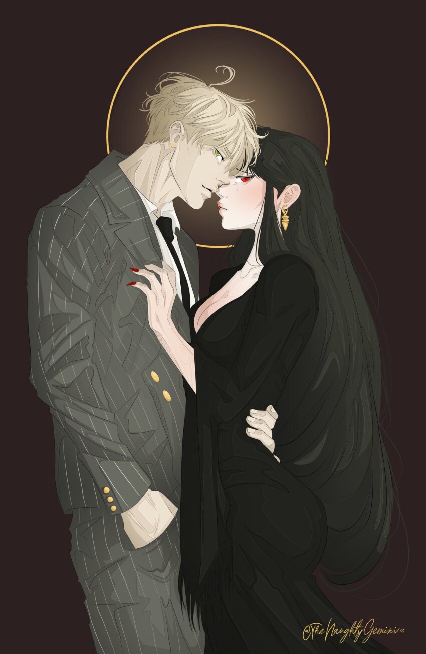 1boy, 1girl, the_addams_family, black_dress, black_hair, blonde_hair, breasts, cosplay