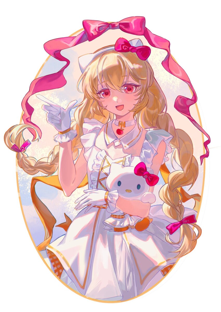 :d, aikatsu!, aikatsu!_(series), bare_arms, blonde_hair, bow, braid, choker, collar, detached_collar, dot_nose, dress, frilled_gloves, frills, gloves, hair_bow, hairband, hand_up, hello_kitty, hello_kitty_(character), highres, holding, holding_stuffed_toy, hoshimiya_ichigo, index_finger_raised, long_hair, nero_(nerolinsummer), open_mouth, outdoors, oval_border, pink_bow, pink_ribbon, red_eyes, ribbon, sanrio, smile, standing, stuffed_animal, stuffed_toy, twin_braids, white_background, white_choker, white_collar, white_dress, white_gloves, white_hairband