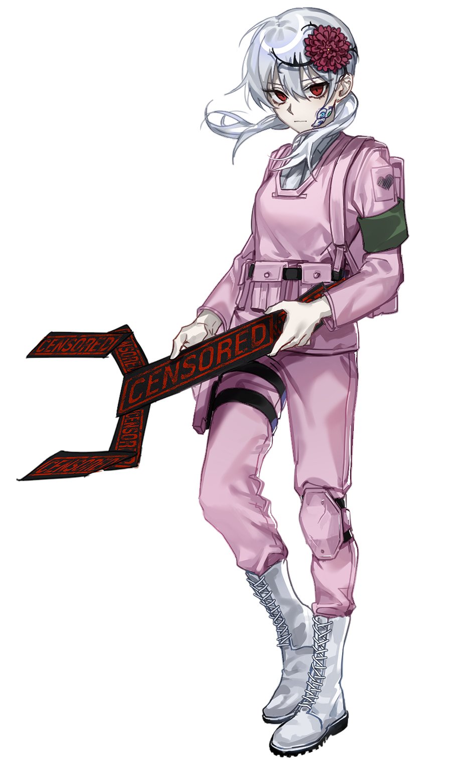 1girl, armor, boots, censored_(e.g.o), closed_mouth, collared_shirt, e.g.o_(project_moon), employee_(project_moon)