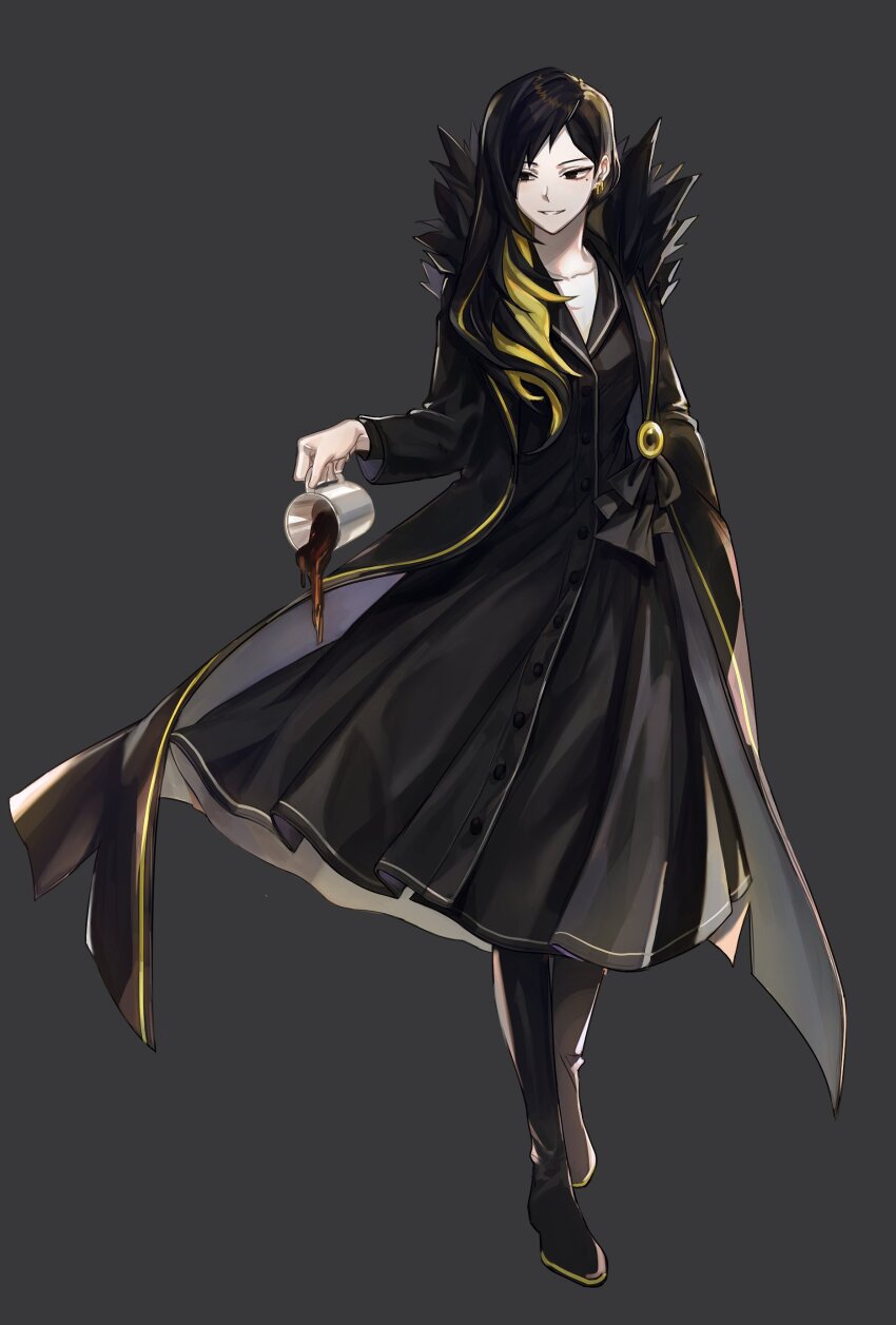 1girl, absurdres, ascot, binah_(project_moon), black_ascot, black_boots, black_coat, black_dress