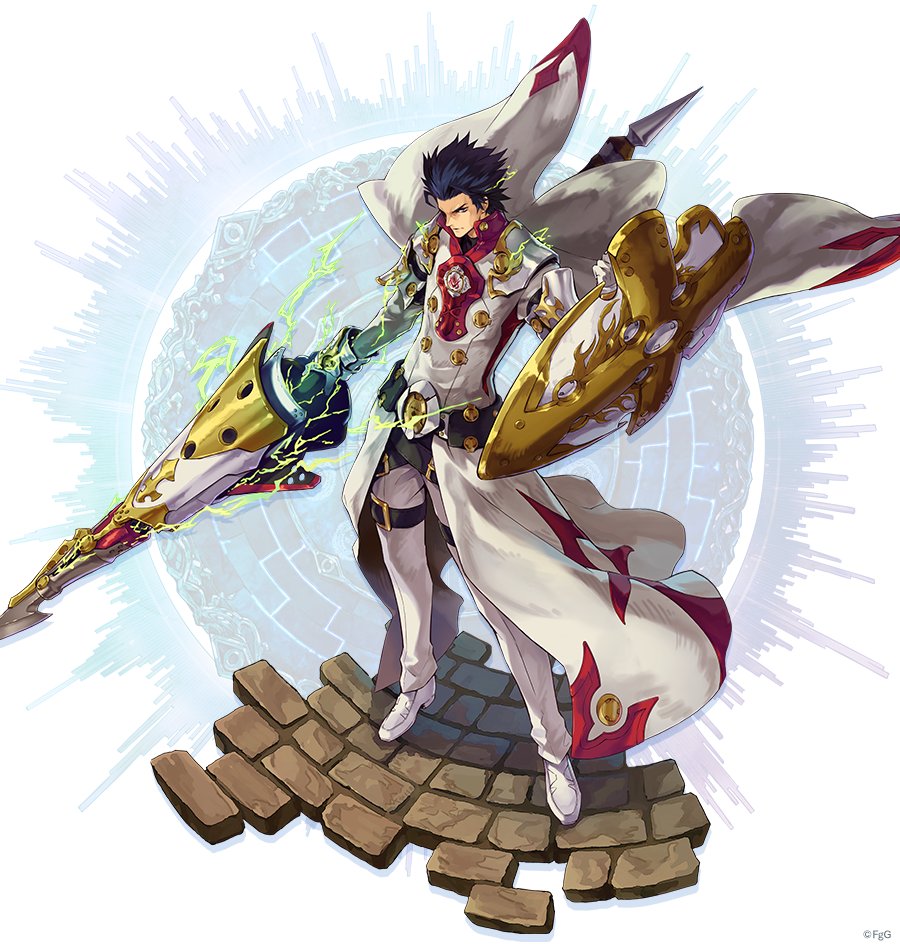 1boy, black_hair, buckle, closed_mouth, commentary_request, forehead, full_body, gerald_(ta_ga_tame_no_alchemist), gloves, holding, holding_polearm, holding_shield, holding_weapon, jacket, lance, looking_at_viewer, multicolored_jacket, official_art, pants, pavement, polearm, red_jacket, rinzo, second-party_source, shield, short_hair, solo, standing, ta_ga_tame_no_alchemist, two-tone_jacket, weapon, white_footwear, white_gloves, white_jacket, white_pants