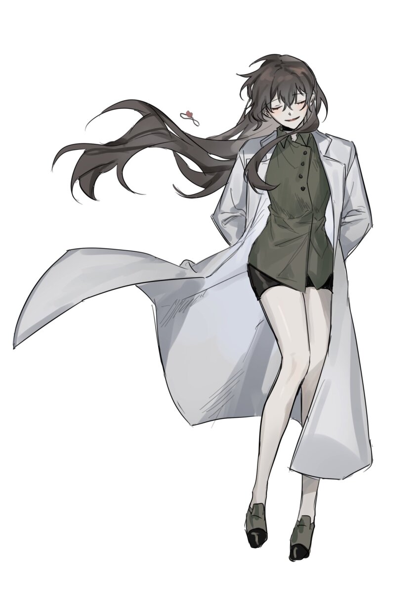 1girl, arms_behind_back, black_skirt, brown_hair, carmen_(project_moon), closed_eyes, coat, collared_shirt