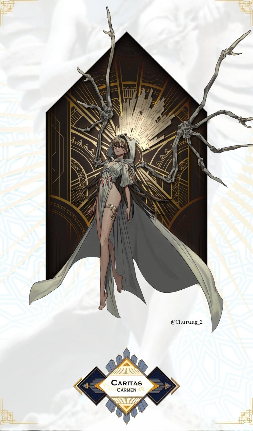 1girl, barefoot, brown_hair, cape, carmen_(project_moon), dress, full_body, highres