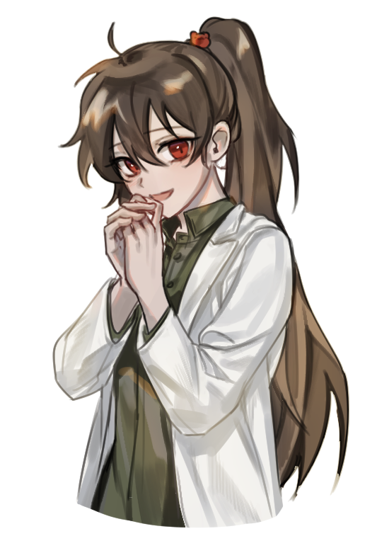 1girl, bear_hair_ornament, brown_hair, carmen_(project_moon), coat, collared_shirt, green_shirt, hair_ornament, hands_up, isamu_(gaioo0303), lab_coat, lapels, lobotomy_corporation, long_hair, looking_at_viewer, notched_lapels, open_mouth, ponytail, project_moon, red_eyes, shirt, simple_background, smile, solo, very_long_hair, white_background, white_coat