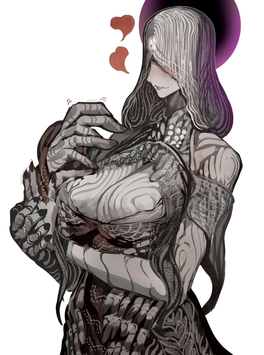 1girl, blush, bonnet, breasts, cleavage, colored_skin, commentary, covered_eyes, elden_ring, elden_ring:_shadow_of_the_erdtree, eldritch_abomination, english_commentary, fingerprint, frilled_bonnet, frills, grey_skin, heart, highres, large_breasts, metyr_mother_of_fingers, mole, mole_under_mouth, monster, open_mouth, simple_background, tomatolover16, too_many_fingers, veil, white_background