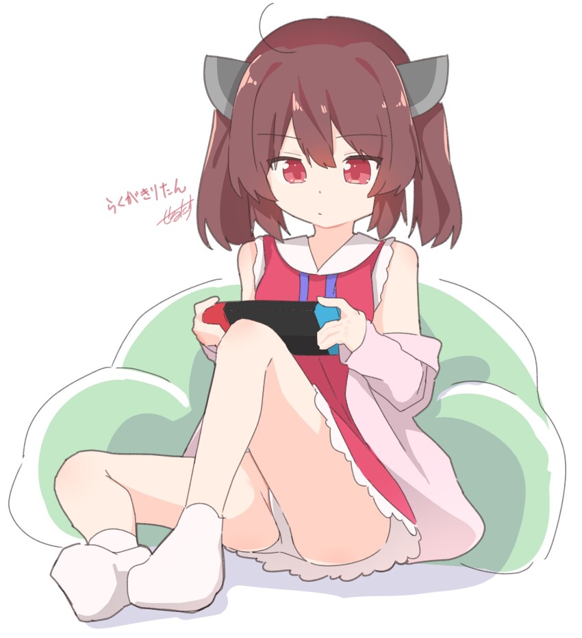 1girl, absurdres, brown_hair, highres, loli, nintendo_switch, panties, pantyshot