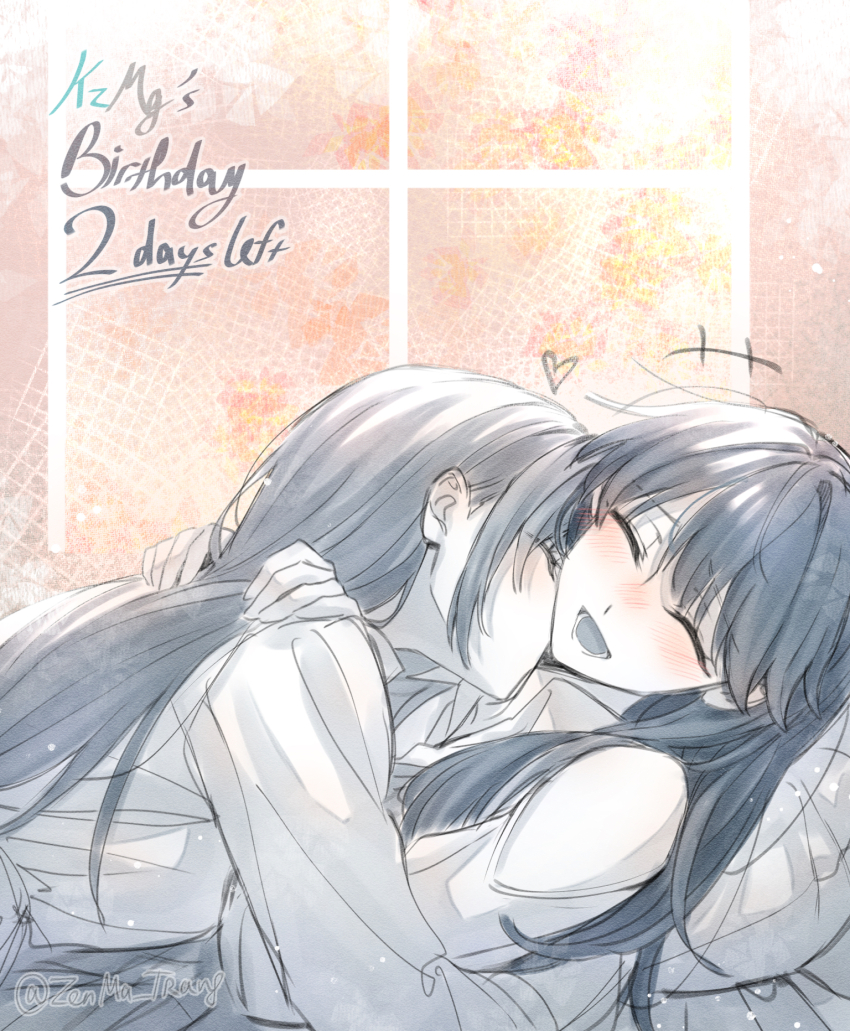 +++, 2girls, :d, ^_^, blush, closed_eyes, clothing_cutout, collared_shirt, commentary, couple, dress, english_text, fujishima_megumi, fujishima_megumi_(winter_loungewear), girl_on_top, greyscale_with_colored_background, hair_down, hands_on_another's_shoulders, heart, highres, indoors, kiss, kissing_neck, link!_like!_love_live!, long_hair, long_sleeves, love_live!, lower_teeth_only, lying, multiple_girls, nose_blush, on_back, open_mouth, otomune_kozue, shirt, shoulder_cutout, sidelocks, smile, spot_color, teeth, twitter_username, virtual_youtuber, window, yuri, zenma_trang