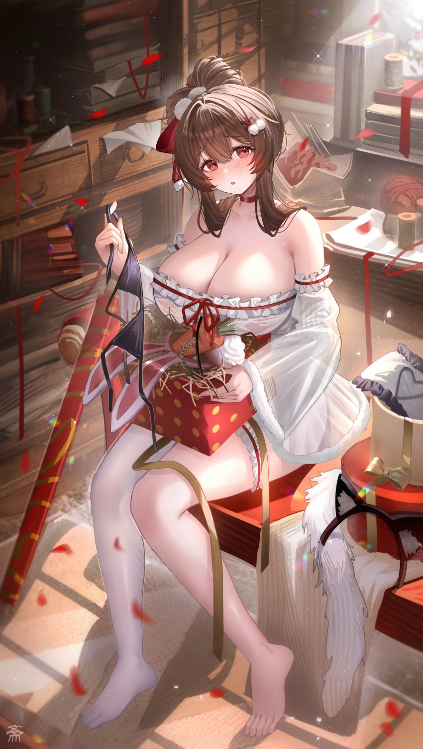 1girl, absurdres, animal_ears, ayase_(azur_lane), azur_lane, bare_shoulders, black_hairband, blush