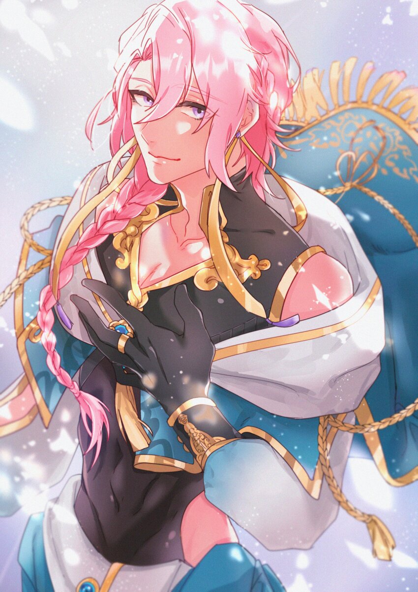 1boy, absurdres, aiguillette, black_gloves, black_shirt, blue_cape, blue_gem, braid