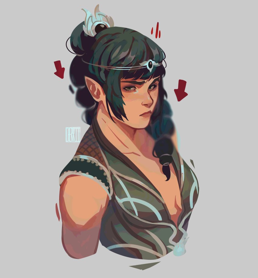 1girl, absurdres, arrow_(symbol), artist_name, baldur's_gate, baldur's_gate_3, black_hair, cherriielle, circlet, dungeons_&amp;_dragons, green_eyes, grey_background, highres, long_hair, pointy_ears, shadowheart_(baldur's_gate), simple_background, sleeveless, solo, upper_body
