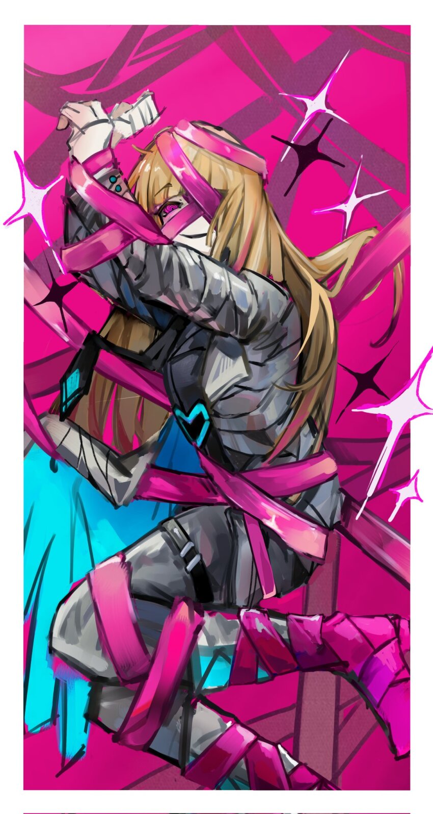 1girl, arms_up, black_necktie, blunt_bangs, bound, brown_hair, coat, e.g.o_(project_moon)