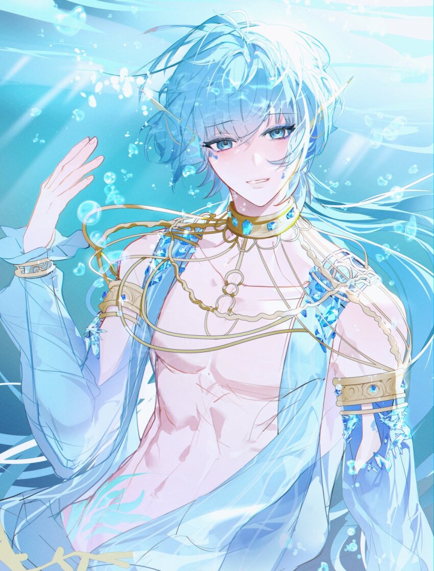 1boy, air_bubble, blue_eyeliner, blue_eyes, blue_gem, blue_hair, blue_scales, blue_theme