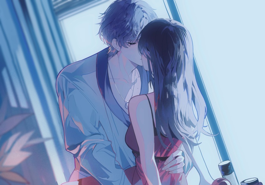 1boy, 1girl, absurdres, black_hair, blush, closed_eyes, collarbone, couple, doupichipizi, dress, eyelashes, fingernails, hand_on_another's_back, highres, indoors, jewelry, kiss, long_hair, long_sleeves, love_and_deepspace, necklace, plant, potted_plant, protagonist_(love_and_deepspace), purple_hair, rafayel_(love_and_deepspace), red_dress, short_hair