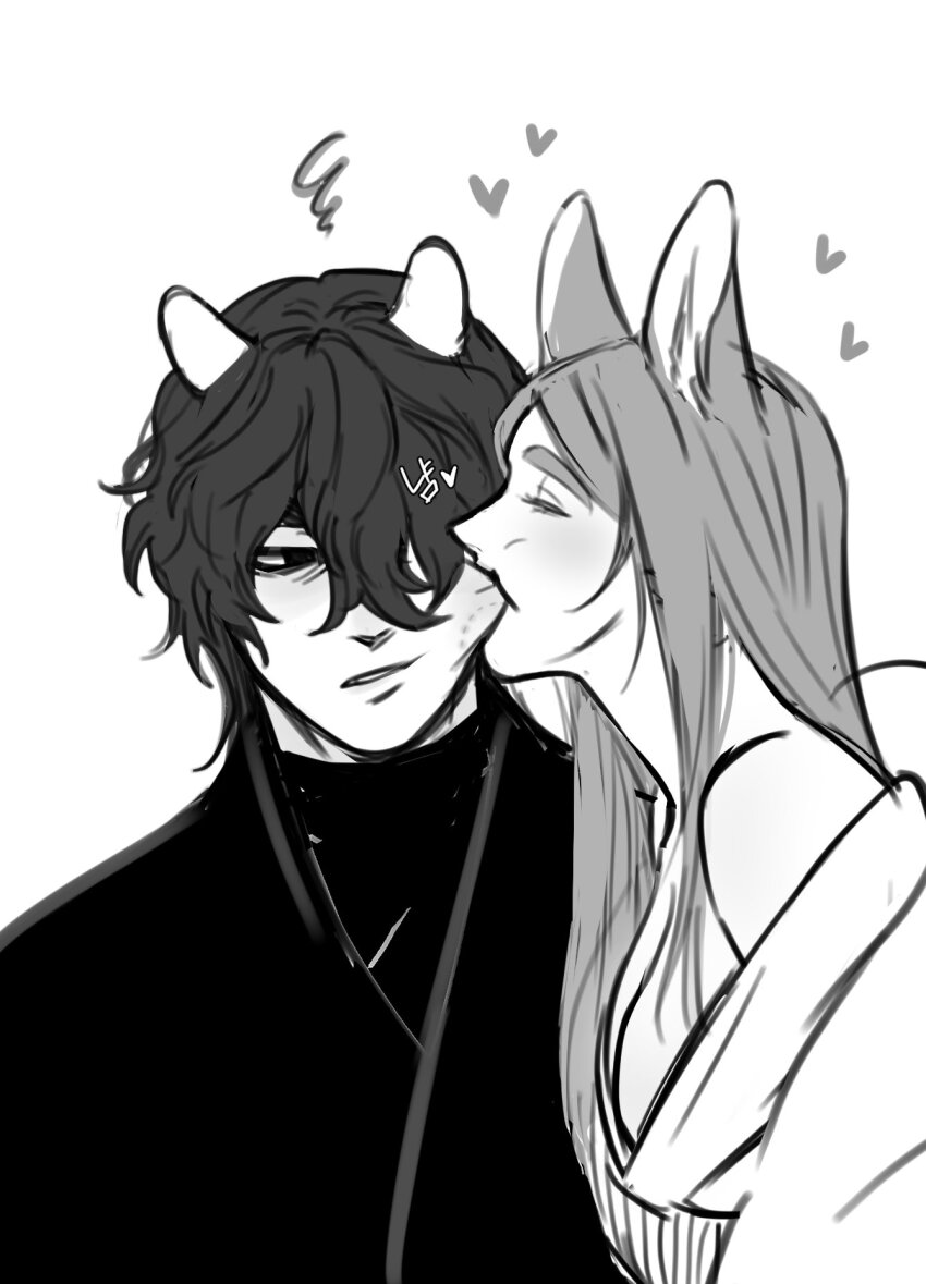 1boy, 1girl, animal_ears, arthurlogansdps, bear_boy, bear_ears, bite_mark, bite_mark_on_face, biting, biting_another's_cheek, commentary_request, dog_ears, dog_girl, greyscale, hair_over_one_eye, hetero, highres, korean_commentary, long_hair, looking_at_another, loving_aura, monochrome, original, short_hair, simple_background, turtleneck, upper_body, white_background