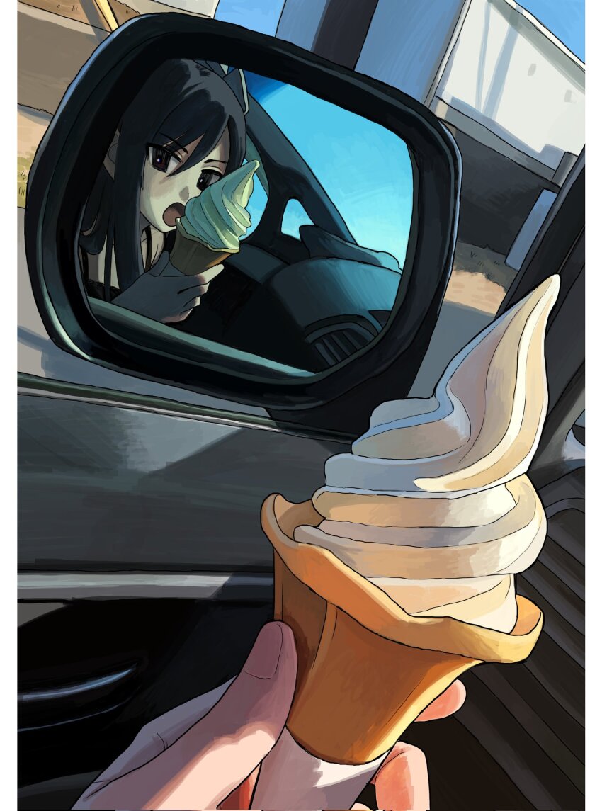 1girl, black_eyes, black_hair, car_interior, corrupted_twitter_file, female_pov, food, hair_between_eyes