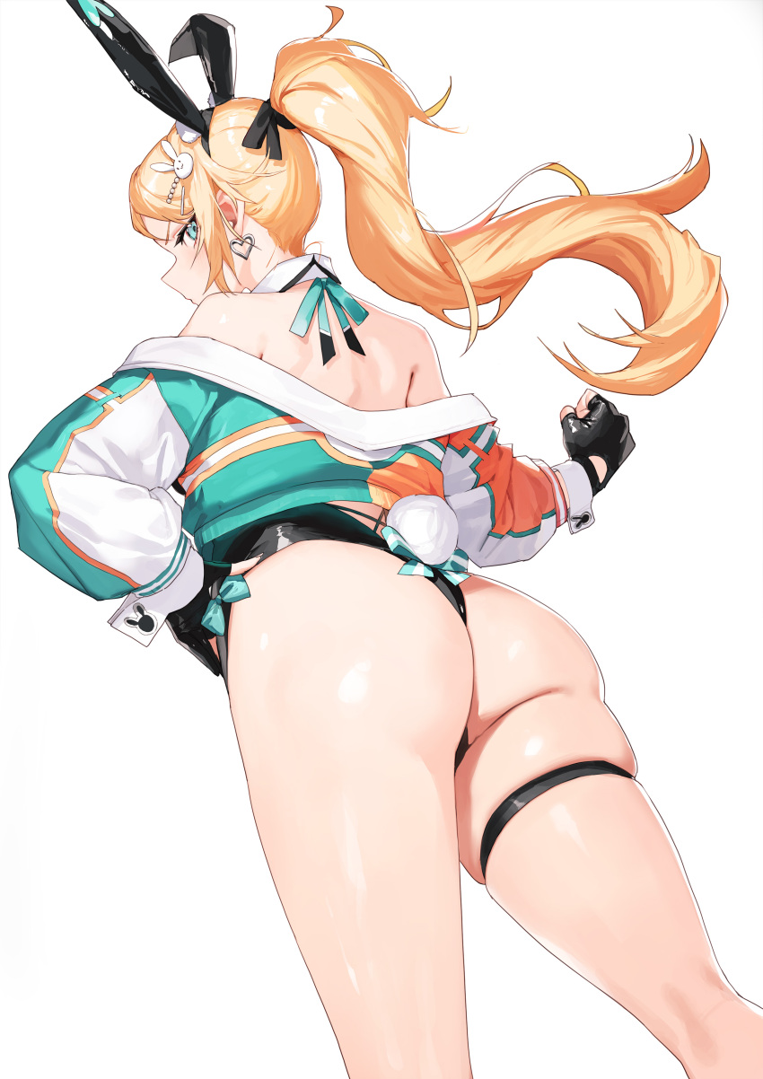 1girl, absurdres, ahoge, animal_ears, ass, ass_focus, bare_shoulders, black_gloves