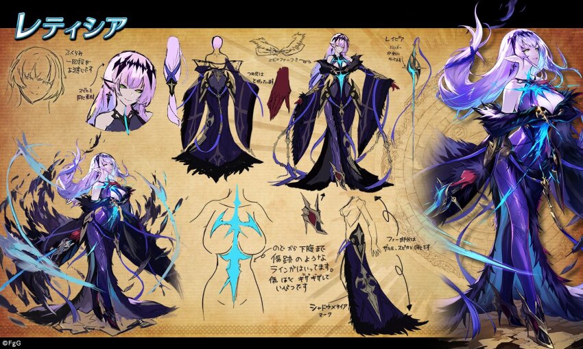 1girl, breasts, brown_background, character_name, reference_sheet, closed_mouth, colored_skin, commentary_request