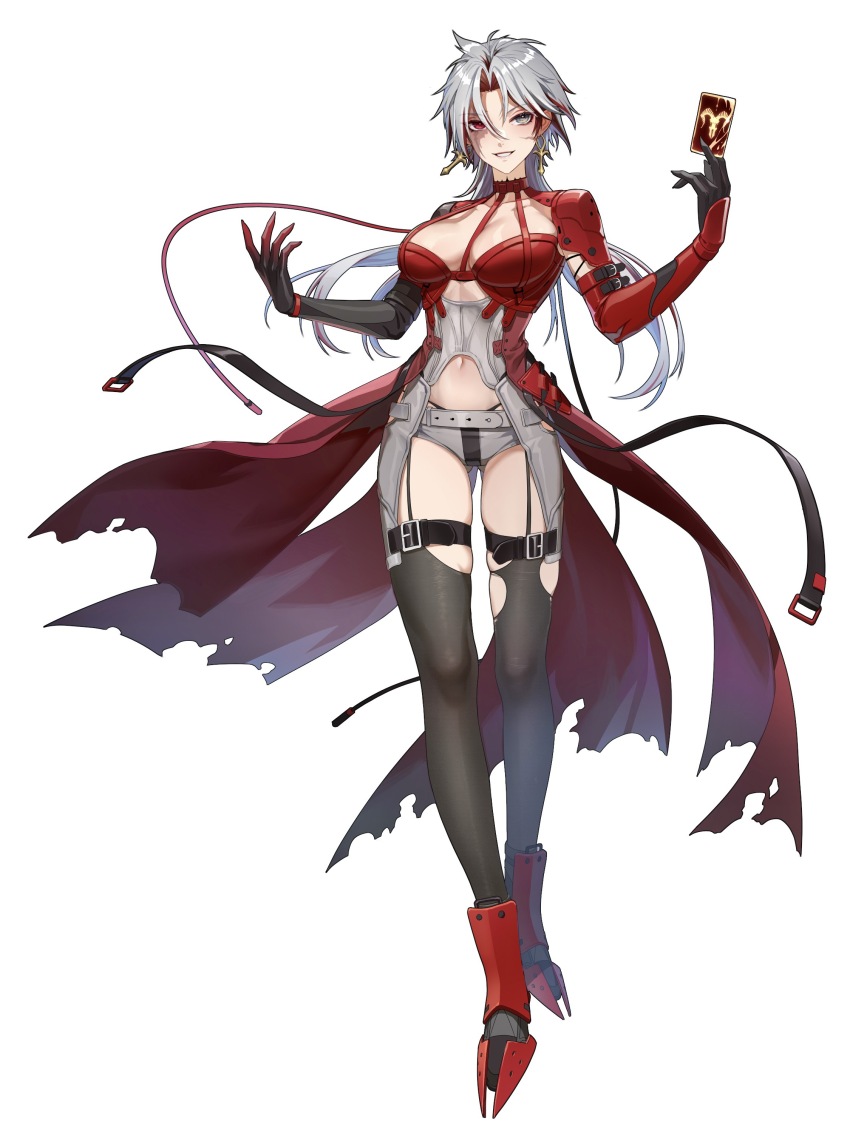 1girl, absurdres, ankh_earrings, armored_boots, asymmetrical_sleeves, banysun, black_gloves, black_thighhighs