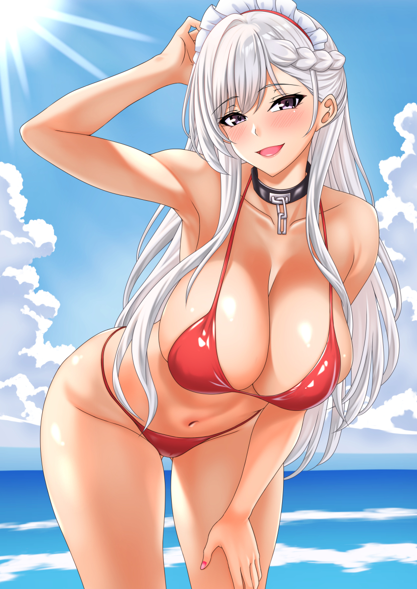 1girl, absurdres, alternate_costume, azur_lane, belfast_(azur_lane), bikini, braid, breasts, broken, broken_chain, chain, cleavage, gachishizyou, hand_on_own_knee, hand_up, highres, large_breasts, leaning_forward, long_hair, looking_at_viewer, maid_headdress, navel, ocean, red_bikini, smile, solo, swimsuit, white_background, white_hair