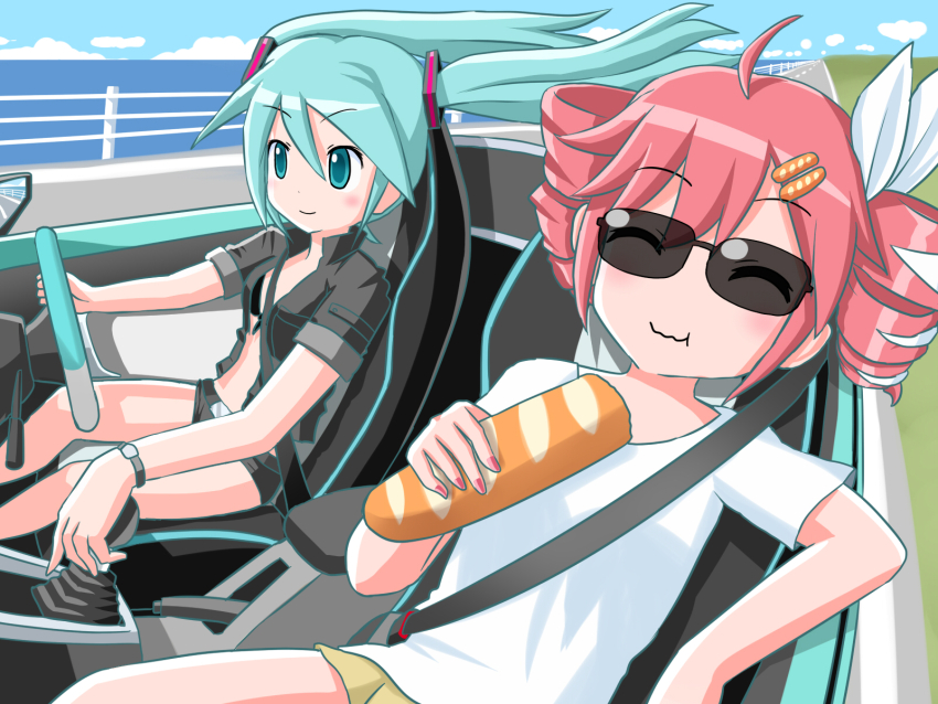 2girls, :3, ahoge, aqua_eyes, aqua_hair, baguette, bikini, bikini_top_only