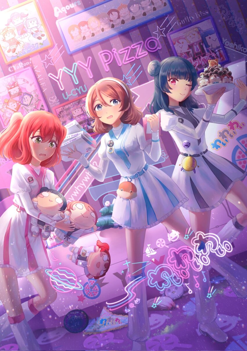 badge, belt, blue_eyes, blush, boots, brown_hair, button_badge, everyone