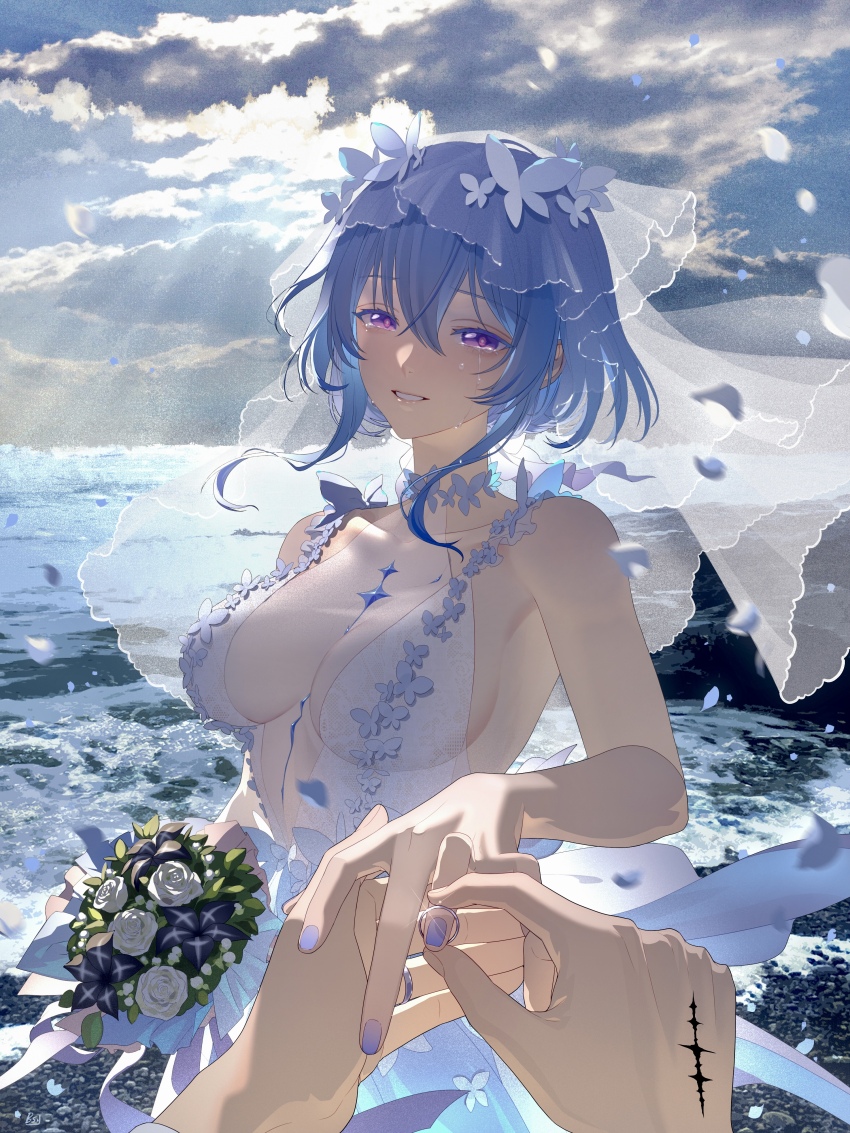 1girl, 1other, absurdres, alternate_costume, banysun, bare_arms, bare_shoulders, black_flower, blue_hair, body_markings, bouquet, breasts, bridal_veil, cloud, covered_collarbone, crying, crying_with_eyes_open, dress, flower, foaming_waves, hair_between_eyes, highres, holding, holding_bouquet, jewelry, large_breasts, linea_alba, looking_at_viewer, nail_polish, ocean, parted_lips, pov, pov_hands, purple_eyes, ring, rose, rover_(wuthering_waves), see-through_clothes, see-through_veil, shore, shorekeeper_(wuthering_waves), sideless_dress, signature, sleeveless, sleeveless_dress, smile, solo_focus, streaming_tears, tacet_mark_(wuthering_waves), tears, updo, upper_body, veil, waves, wedding, wedding_ring, white_dress, white_flower, white_rose, white_veil, wuthering_waves