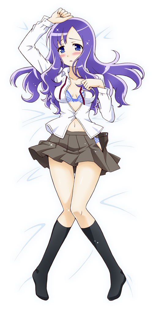 10s, 1girl, blue_bra, blue_eyes, blush, bra, dress, embarrassed