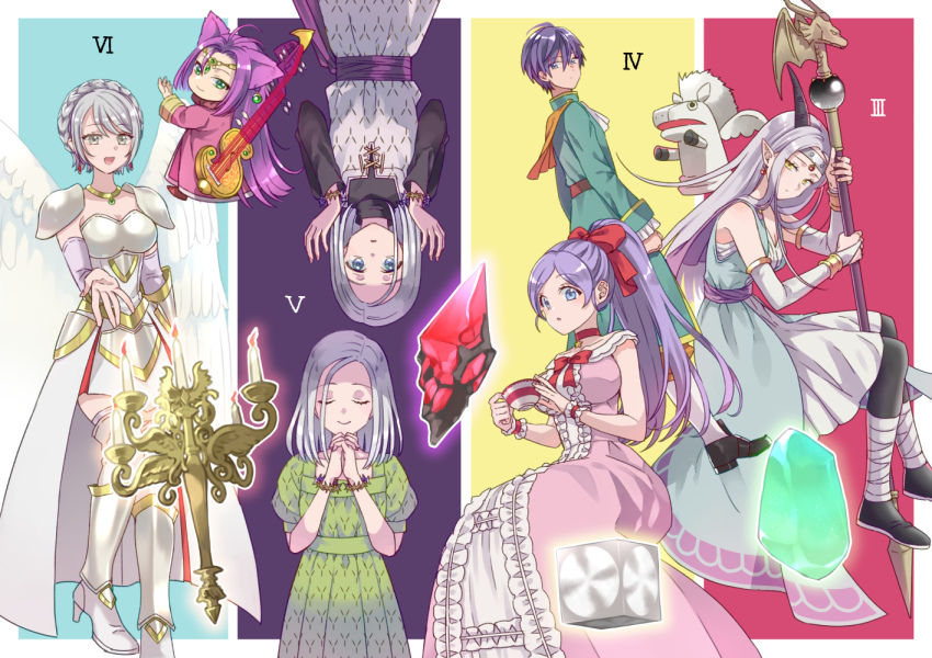 3boys, 4girls, animal_ears, black_horns, blue_eyes, border, bow, braid, breasts, bridal_gauntlets, brother_and_sister, candlestand, choker, circlet, cleavage, closed_eyes, closed_mouth, commentary_request, crown_braid, crystal, cup, dragon_quest, dragon_quest_x, dress, dress_bow, earrings, estella_(dq10), euriza_(dq10), foster_(dq10), frills, gold_circlet, green_eyes, guitar, hair_bow, high_ponytail, holding, holding_cup, holding_staff, horns, illusia_(dq10), instrument, jewelry, krrr03_(sou33), large_breasts, long_hair, looking_at_viewer, looking_back, medium_breasts, medium_hair, mereade, multiple_boys, multiple_girls, nalasia, off_shoulder, open_hand, open_mouth, own_hands_clasped, own_hands_together, pink_dress, pointy_ears, ponytail, puffy_short_sleeves, puffy_sleeves, purple_hair, quad_(dq10), red_bow, red_choker, roman_numeral, short_hair, short_sleeves, siblings, side_part, silver_circlet, sitting, staff, star_(symbol), star_choker, teacup, thorns, very_long_hair, white_border, white_bridal_gauntlets, white_hair, white_wings, wings, yellow_eyes