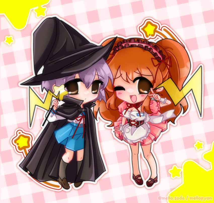 2000s_(style), 2girls, :d, absurdres, asahina_mikuru, black_cape, blue_sailor_collar, blue_skirt, blush, breasts, brown_eyes, cape, cleavage, commentary, deformed, english_commentary, glasses, hat, highres, holding, holding_wand, kita_high_school_uniform, large_breasts, long_hair, long_sleeves, maid, mellopyon, multiple_girls, nagato_yuki, one_eye_closed, open_mouth, orange_hair, purple_hair, ribbon, sailor_collar, school_uniform, serafuku, short_hair, sidelocks, skirt, smile, standing, suzumiya_haruhi_no_yuuutsu, twintails, wand, witch, witch_hat